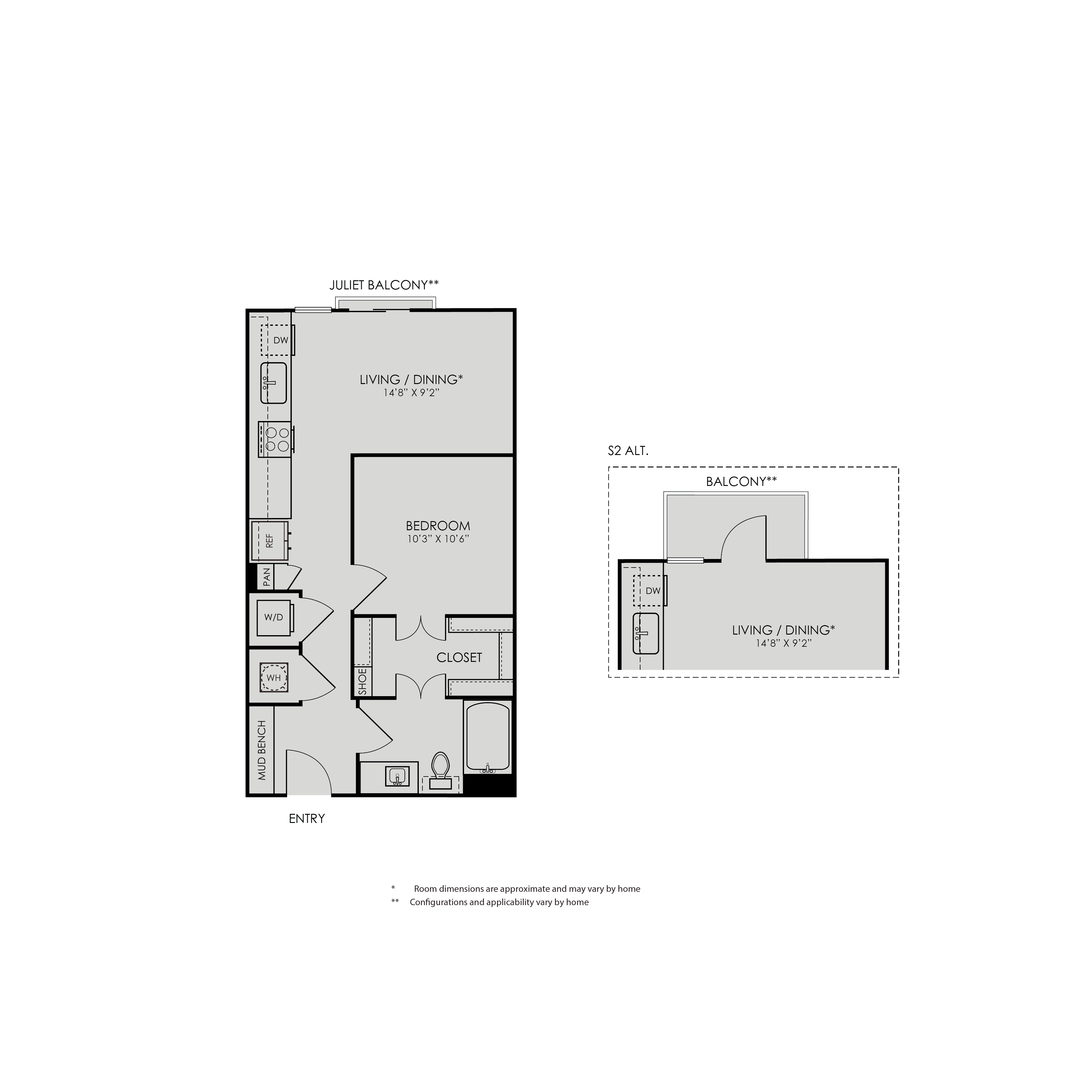 Floor plan for studio, 1 bath, 580 sqft